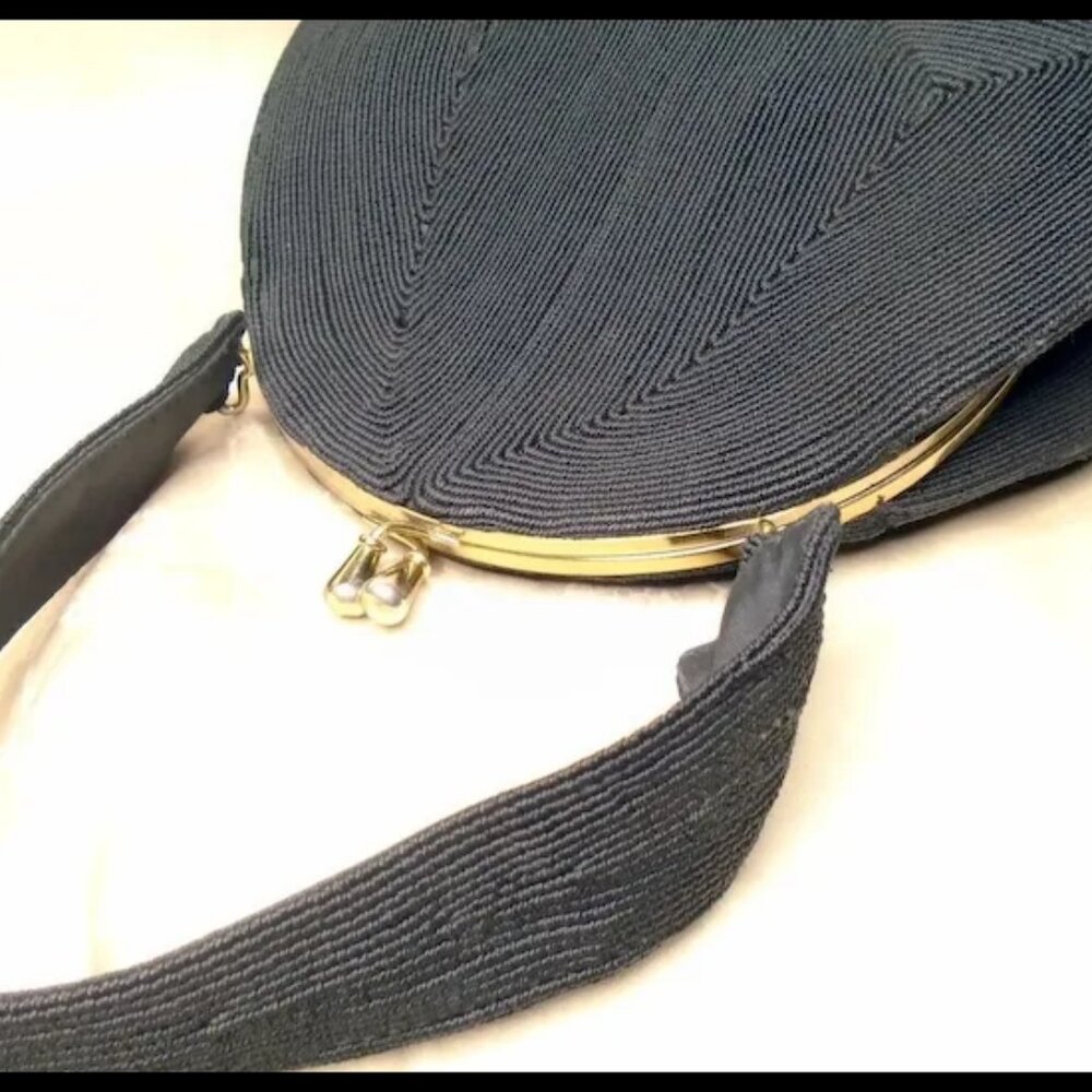 Vintage Art Deco Black Corde Purse, Mirror & Hairpins VFG 30s 1930s - Picture 5 of 12